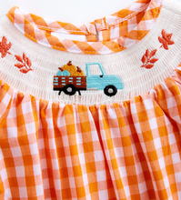 Load image into Gallery viewer, Fall Pumpkin Truck Smock Romper
