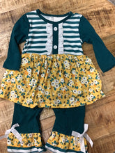 Load image into Gallery viewer, Stripe Mustard Teal Floral Ruffle Romper
