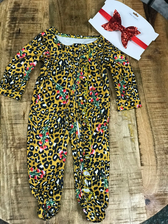 Mustard Animal Print Baby Bodysuit w/double zipper