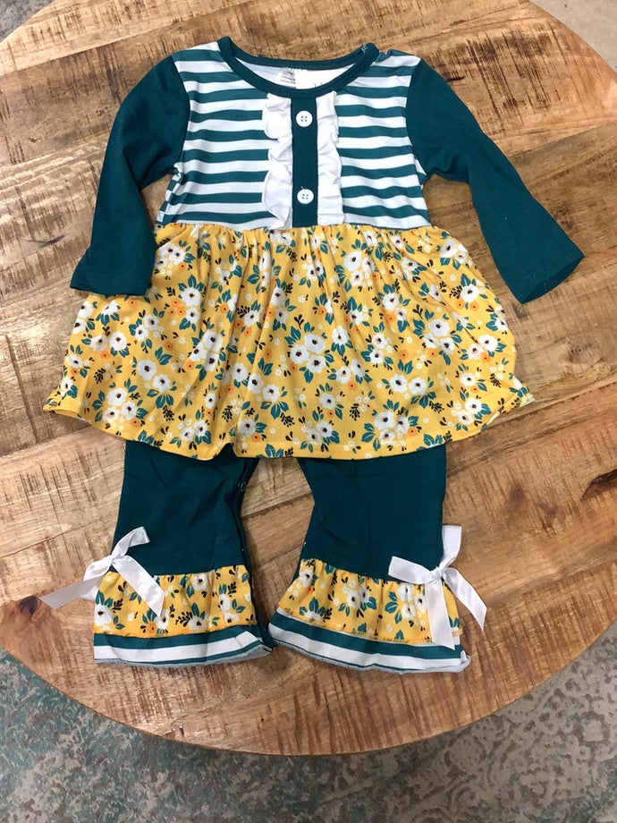 Stripe Mustard Teal Floral Ruffle Romper